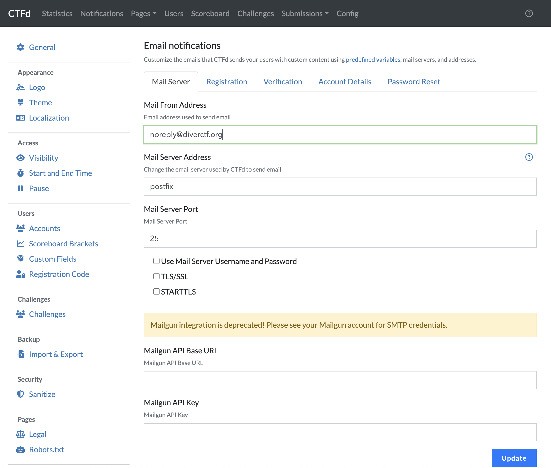 CTFdのEmail Notificationsの設定画面